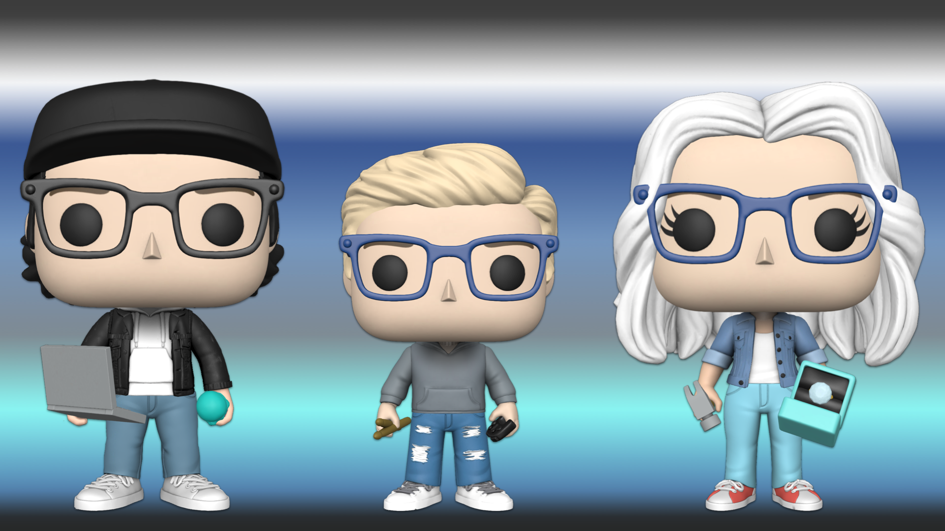 Images of 3 Funko figures: Man, Boy, Woman.