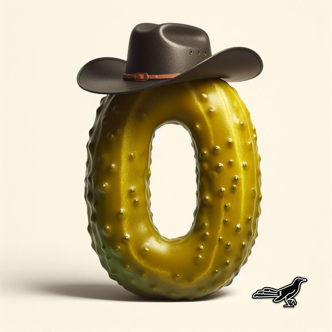 An "O"-shaped pickle in a cowboy hat.