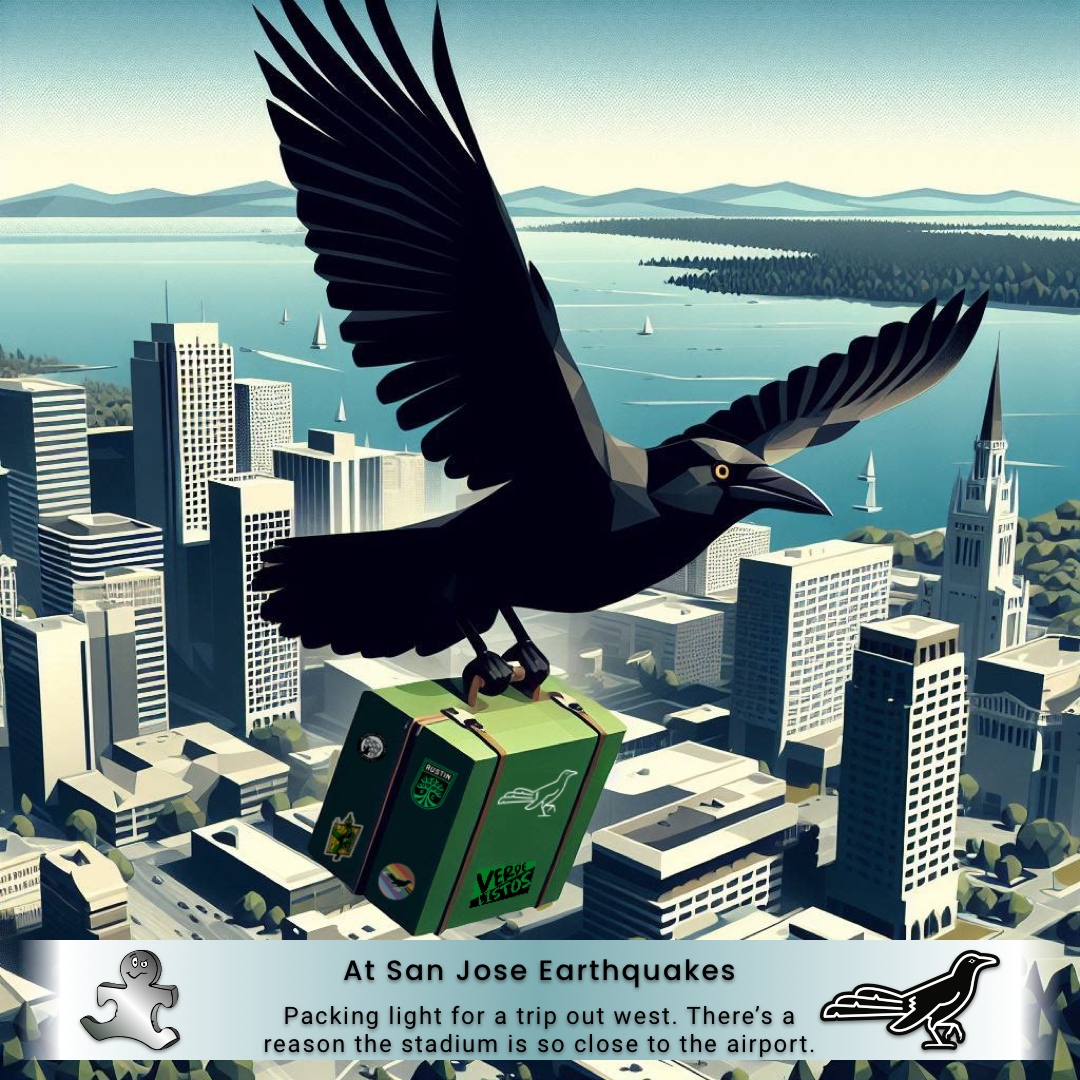 A geometric grackle flying over a city with a green suitcase in its talons.