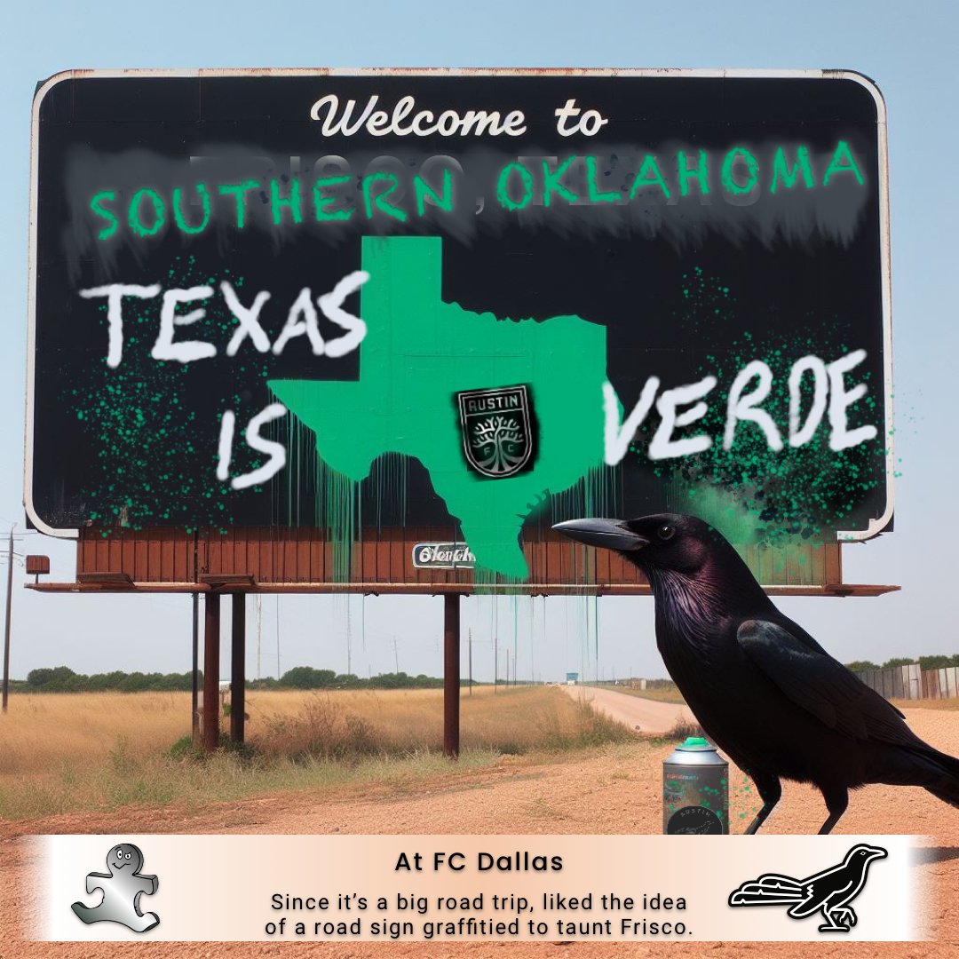 A vandalize road sign stating "Texas is Verde" and "Welcome to Southern Oklahoma". A grackle with a spray paint can stands nearby.