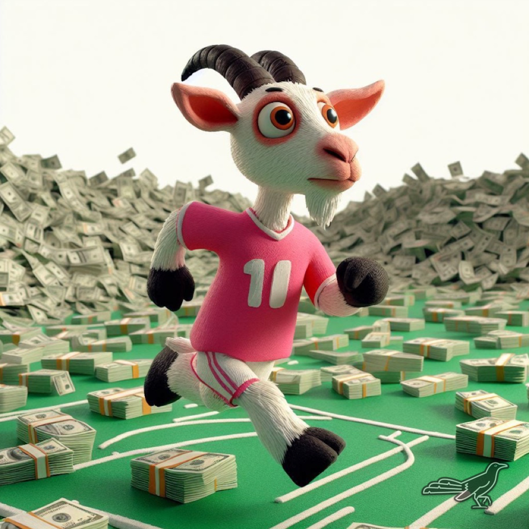 A goat in a pink soccer uniform in a stadium surrounded by piles of cash.