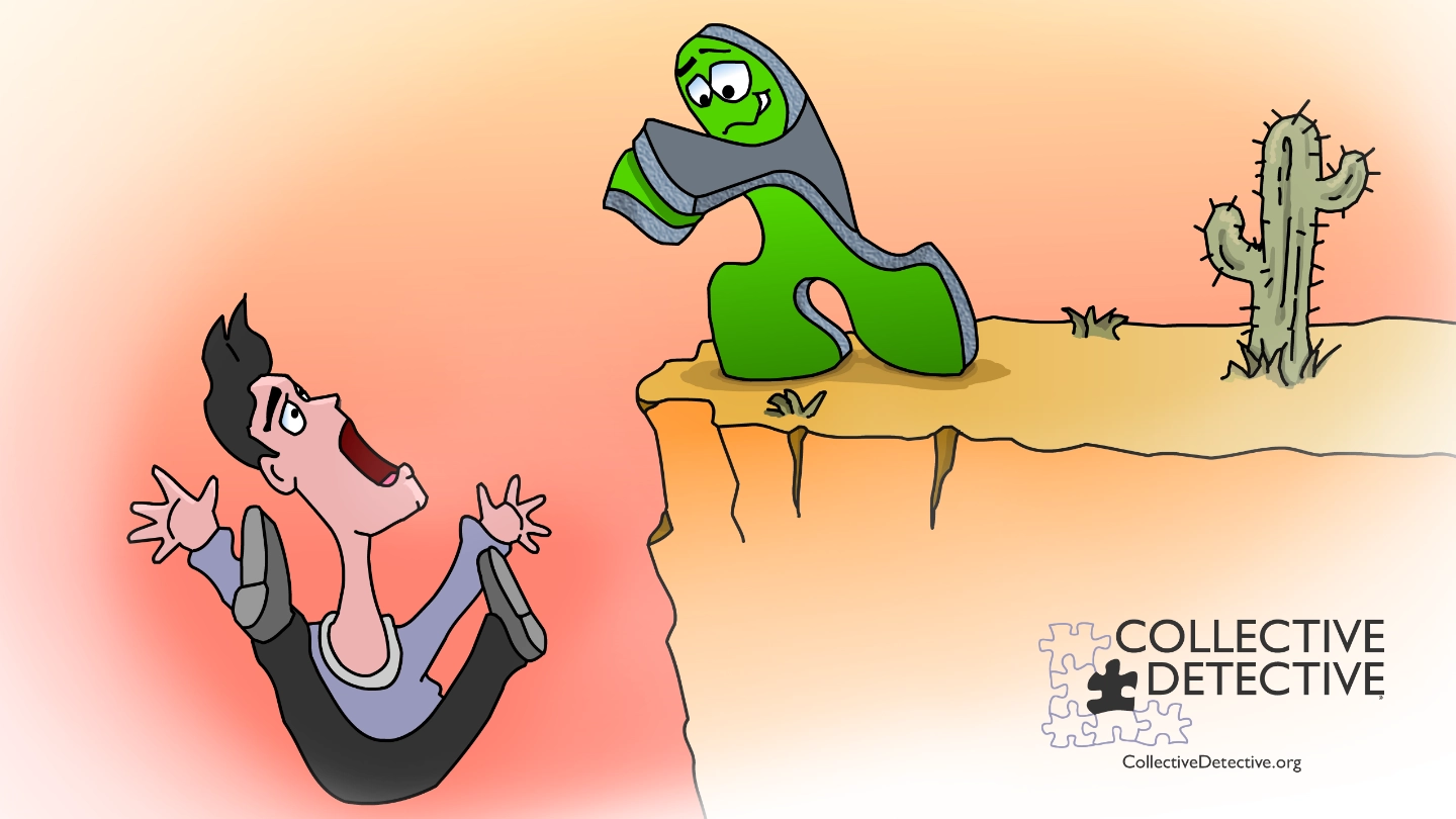 A Puzzy pushing a person off a cliff.