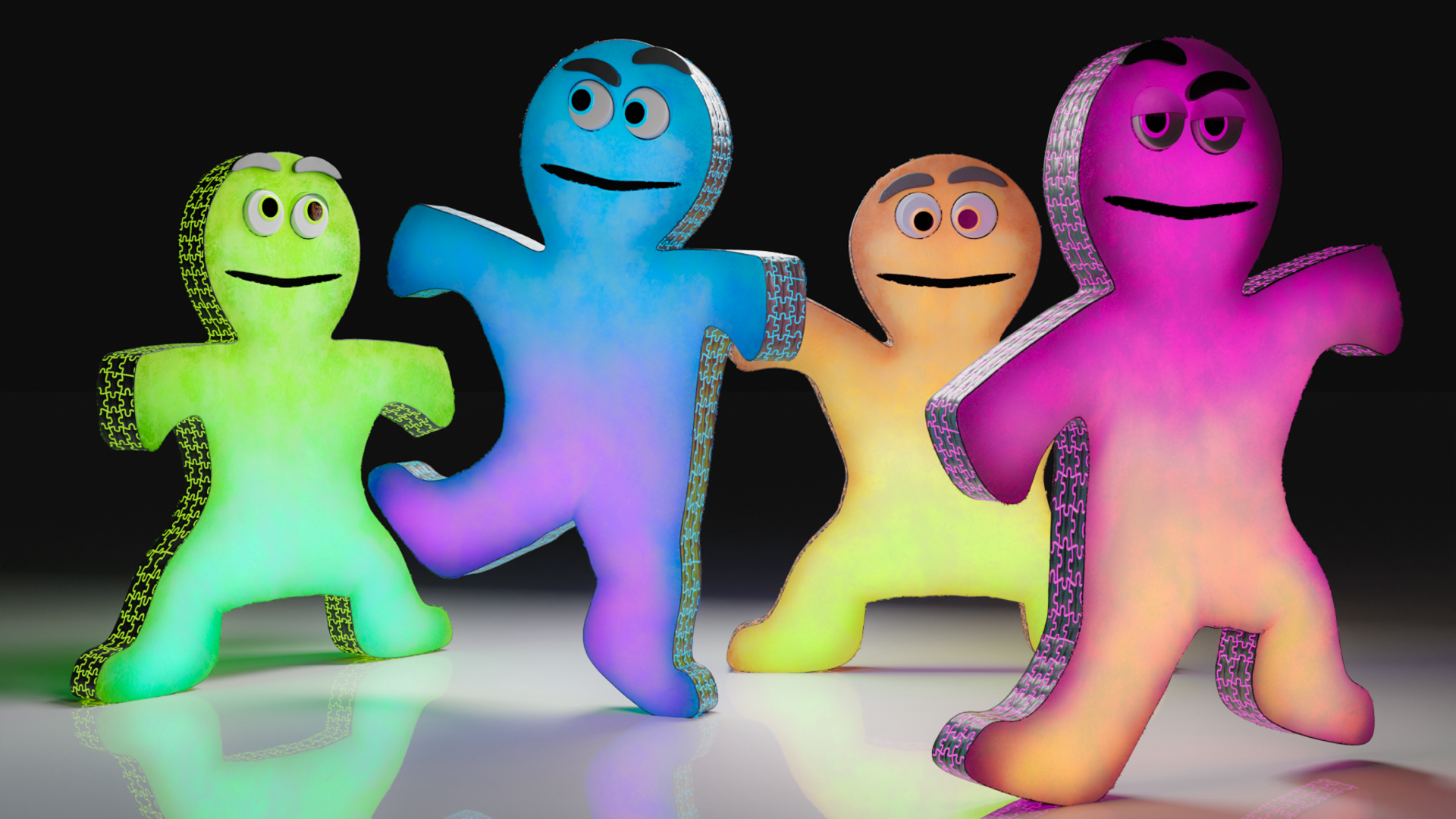 /content/5 different-colored 3D Puzzy characters posing.