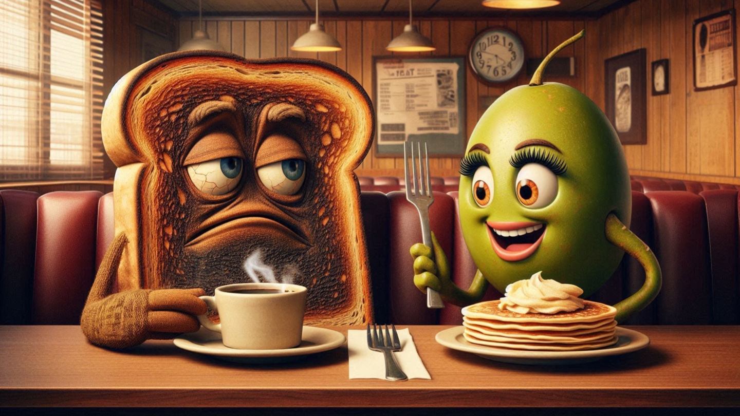 Image of a piece of toast and an olive having breakfast in a diner.