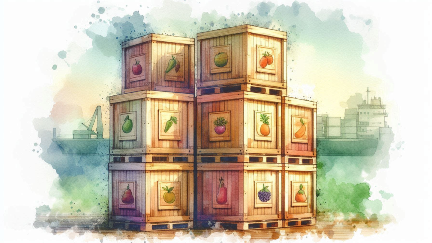 Watercolor of a stack of boxes on a dock with different fruits labeled on each.