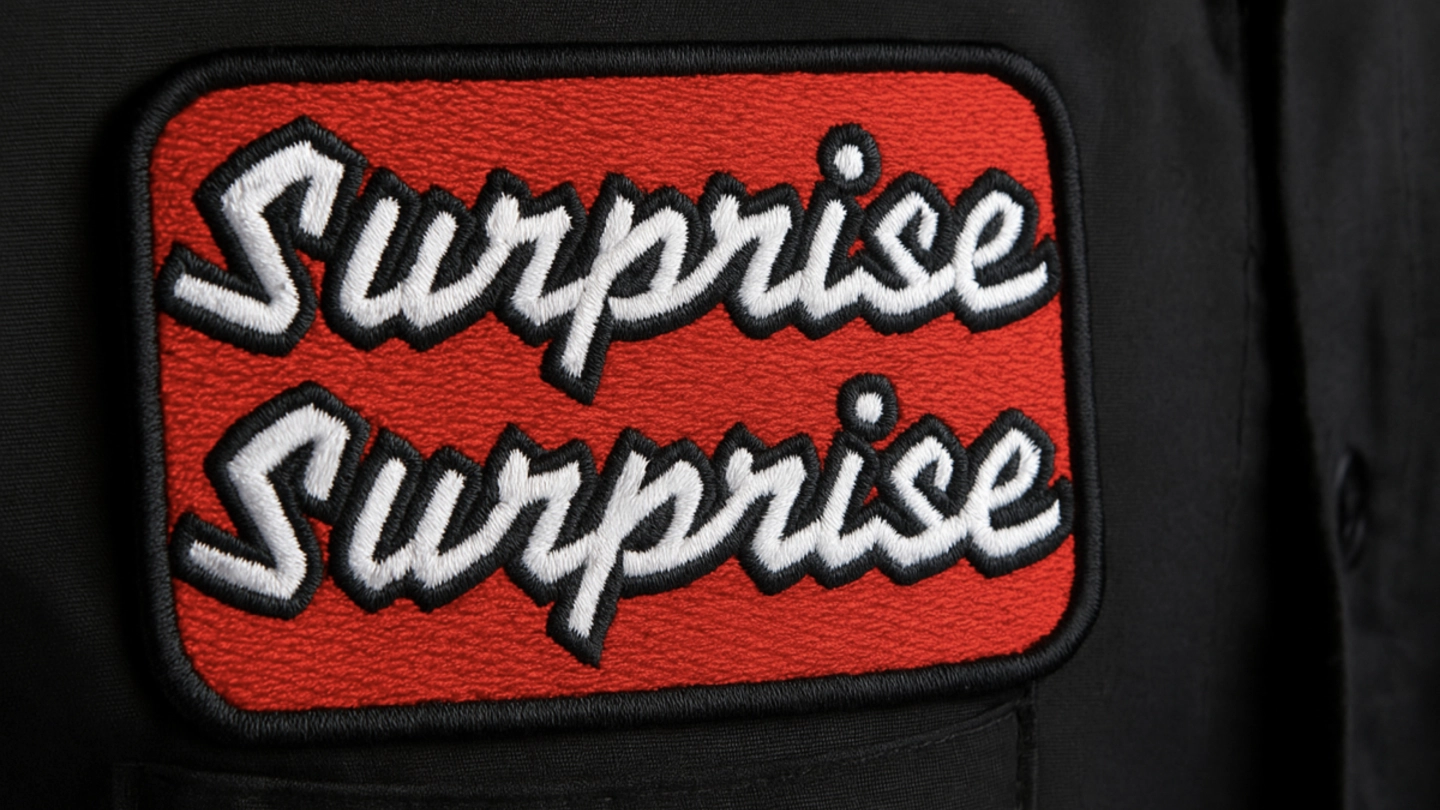 Sewn patch with "Surprise Surprise" embroidered in it.
