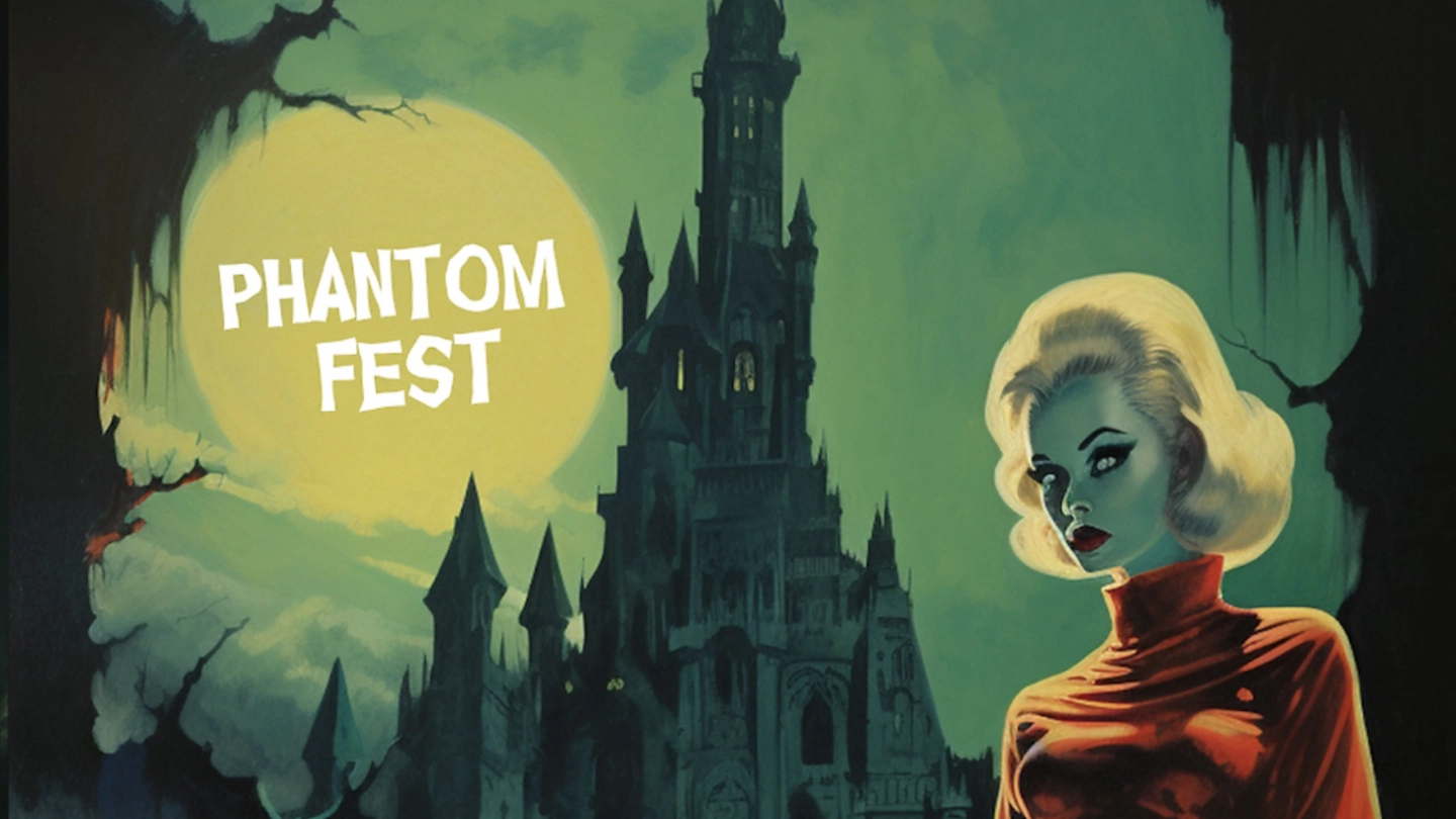 Poster-style art with a castle in the background a female monster in the foreground and a "Pahtom Fest" label over the moon.