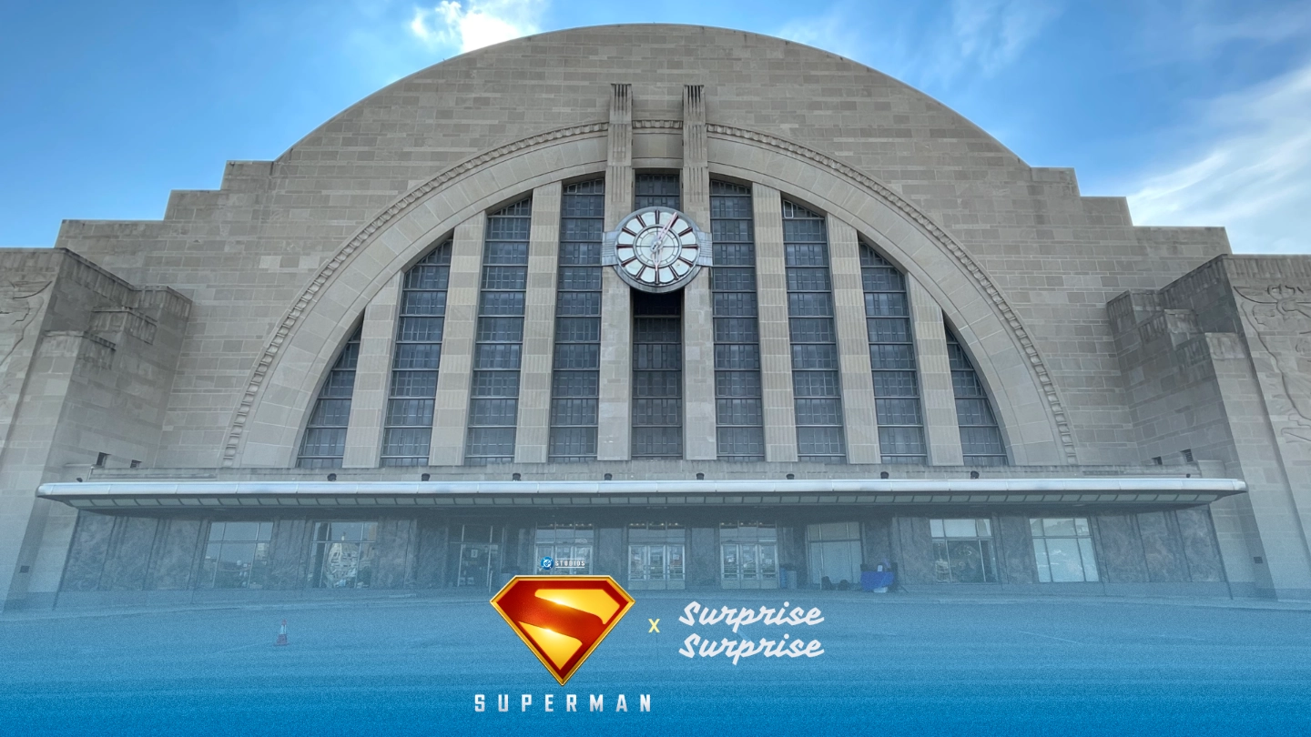 Image of the Hall of Justice with a Superman and Surprise Surprise caption.